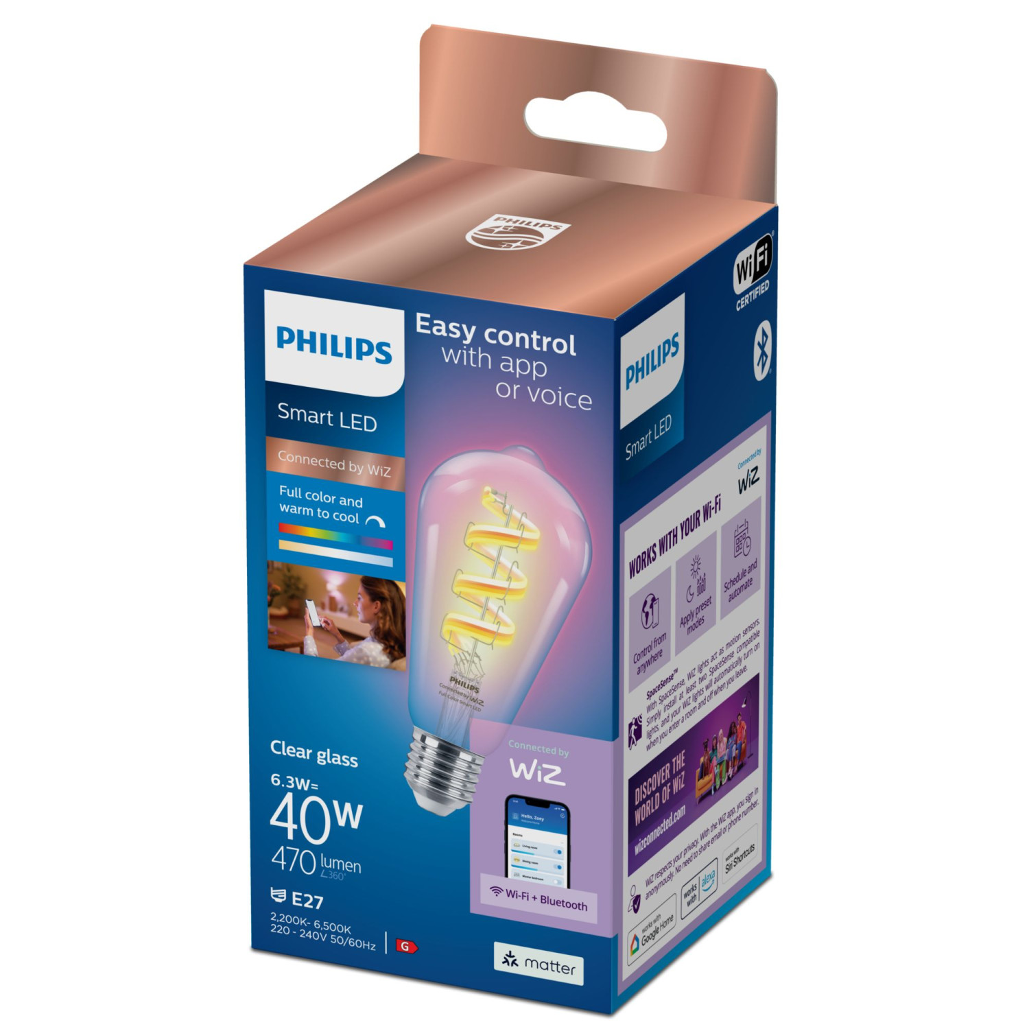 Confezione di una lampadina LED smart Philips con connettività Wi-Fi e Bluetooth.