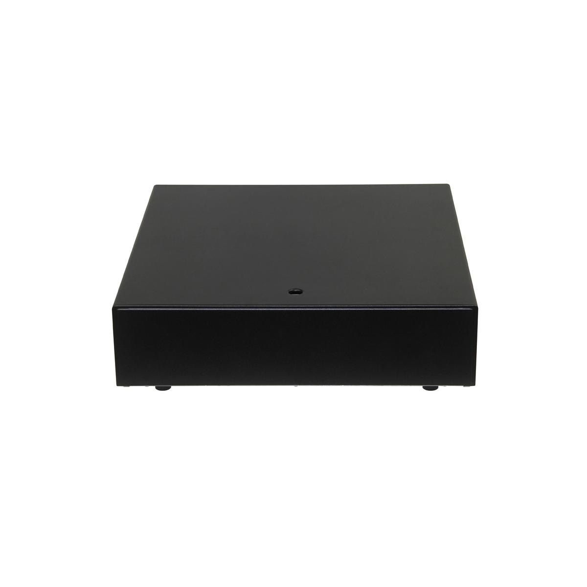 Ein schwarzes, rechteckiges elektronisches Gehäuse mit abgerundeten Ecken auf weißem Hintergrund.