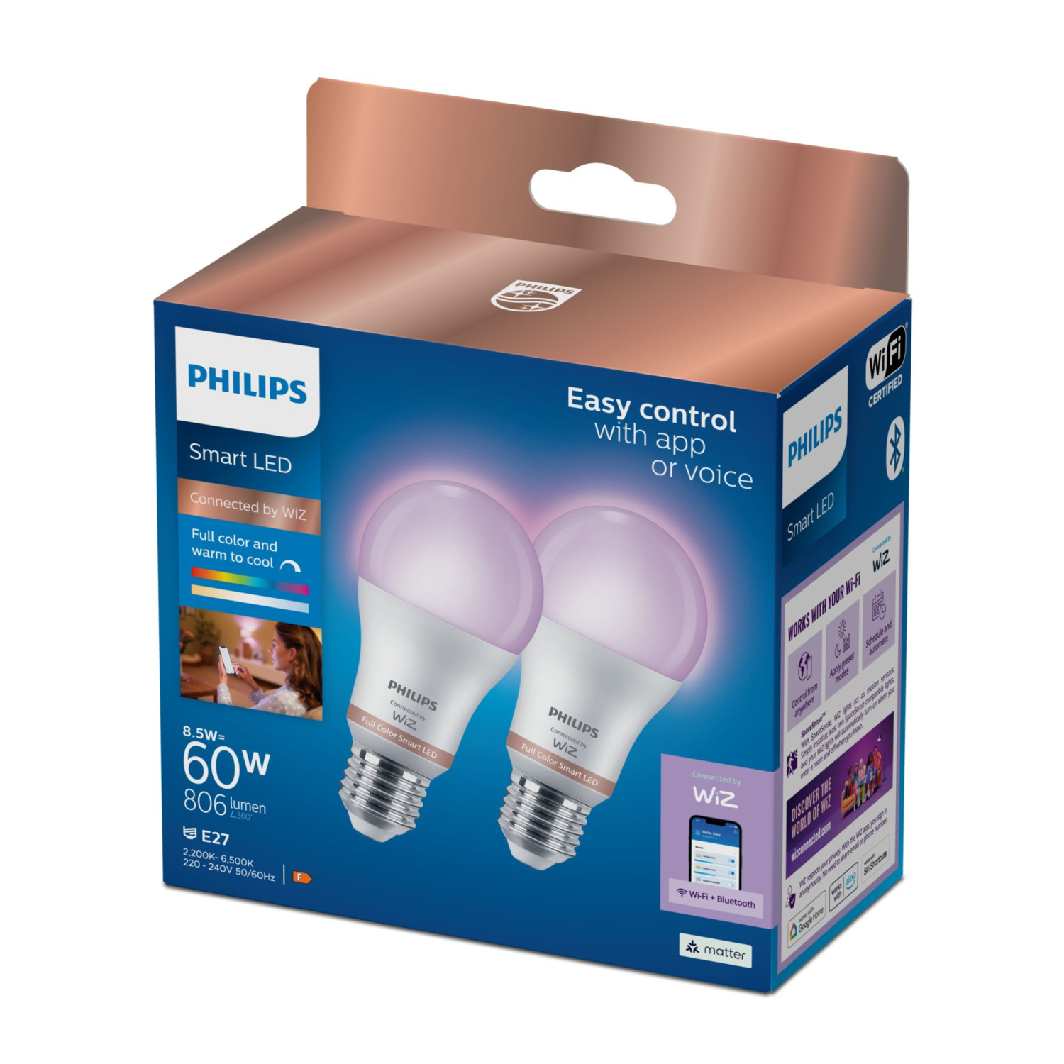 Philips Smart LED lamp verpakking met twee roze gloeiende lampen.