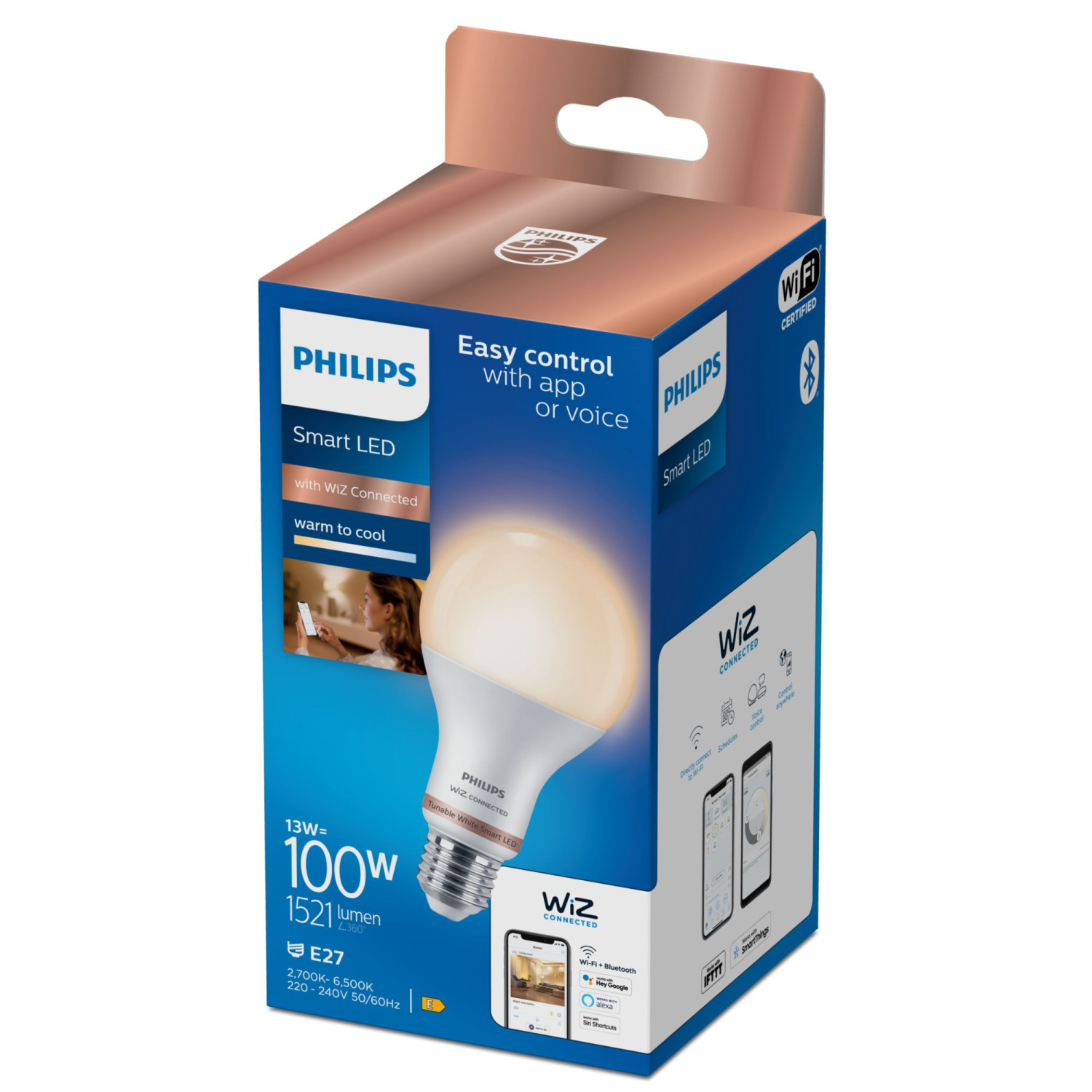 Caja de bombilla LED inteligente Philips con tecnología WiZ Connected.
