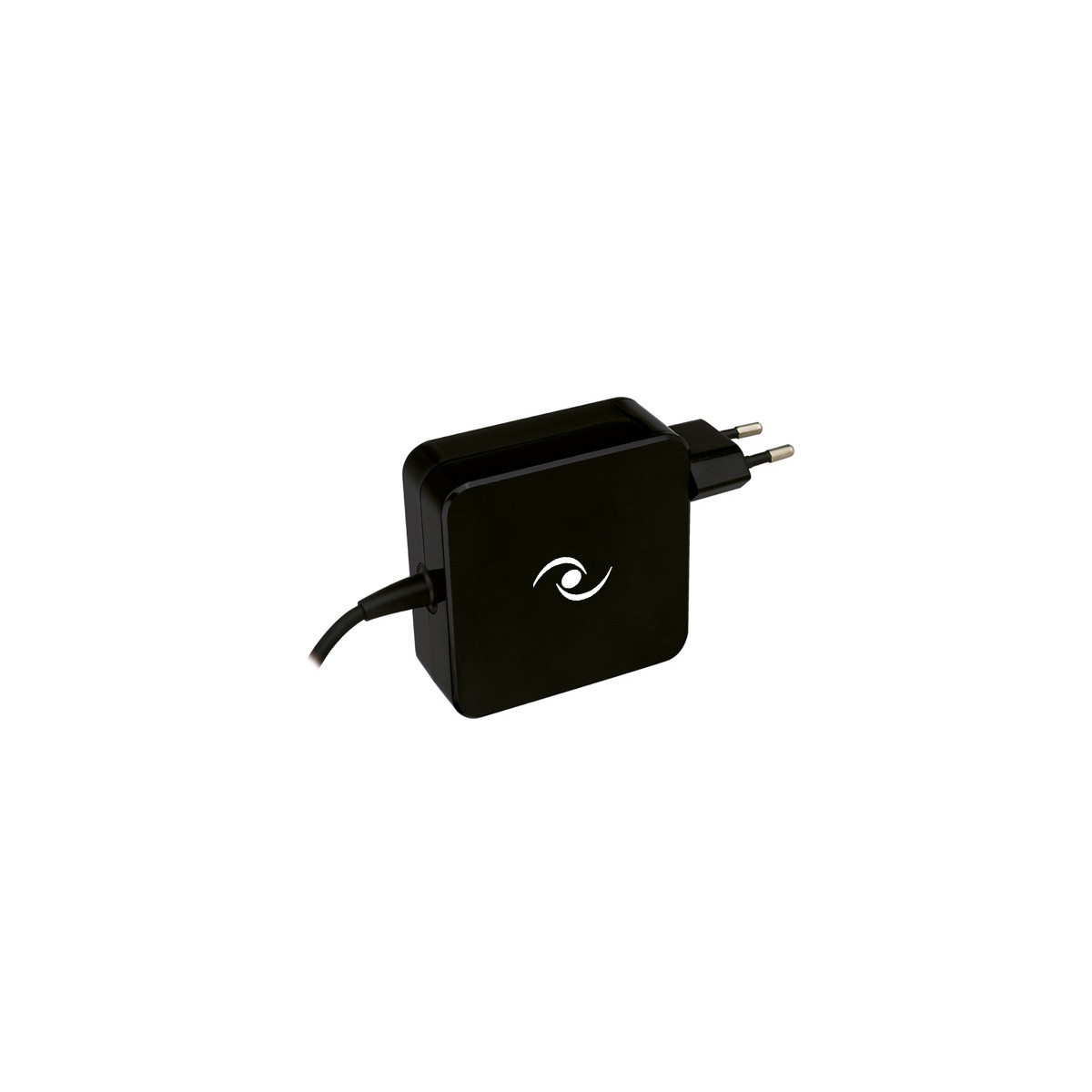 Ein schwarzer Netzsteckeradapter mit einem weißen Logo, der für das Aufladen von Geräten verwendet wird.