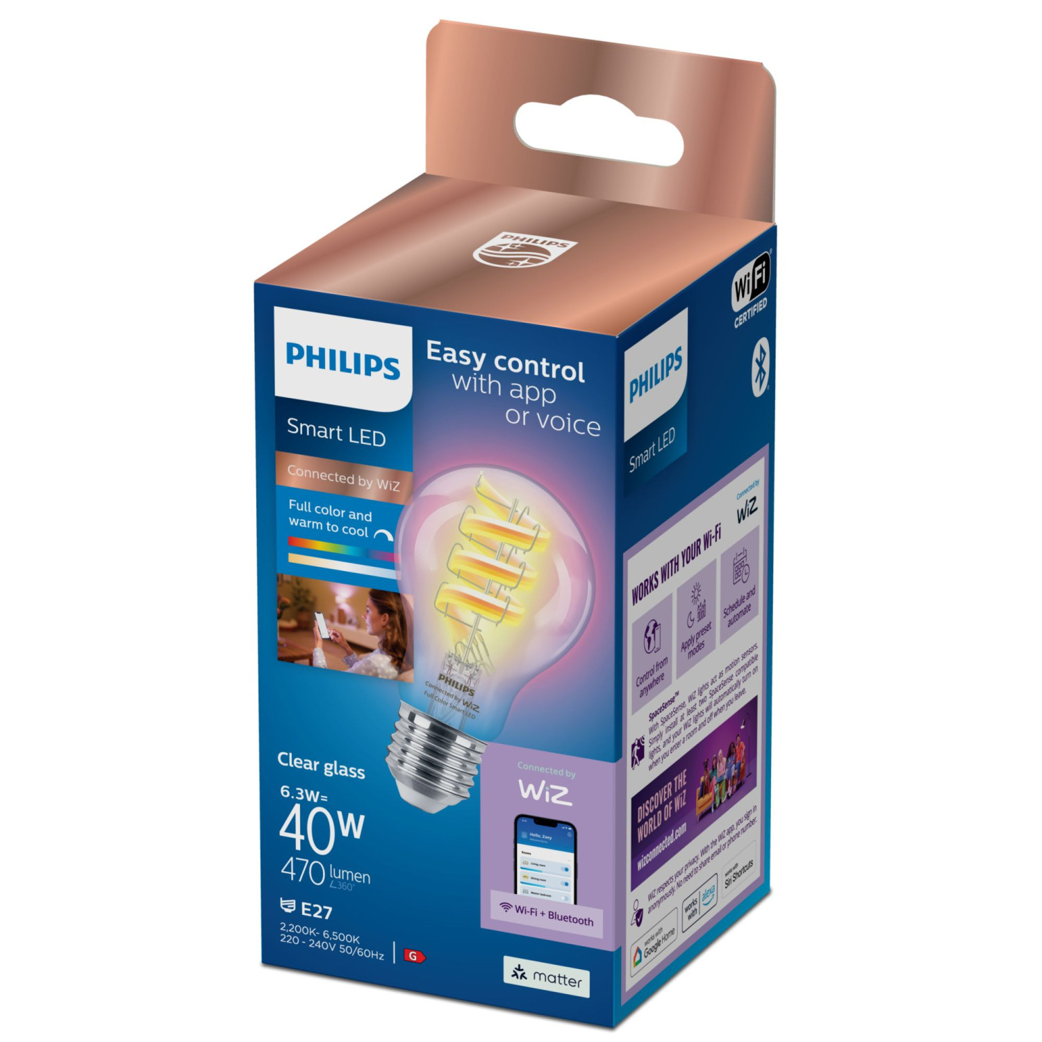 Lampadina Philips Smart LED con controllo app e vocale, trasparente, 470 lumen.
