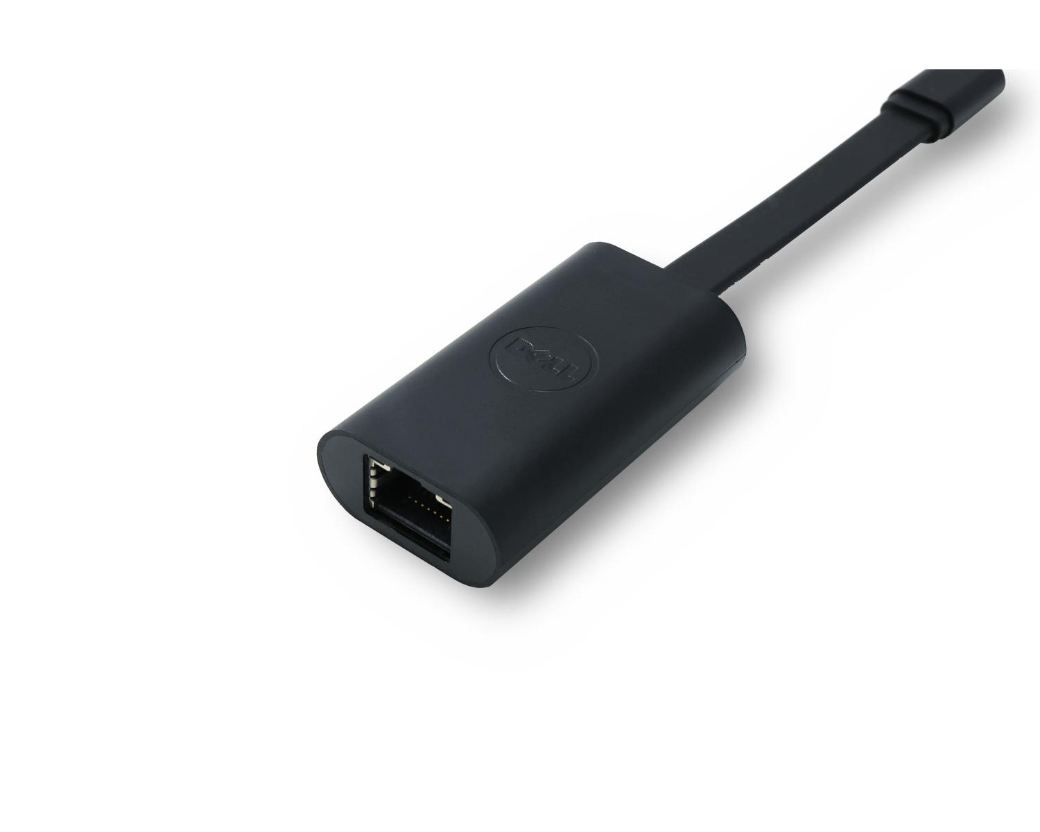 Entegre kablolu siyah Dell ağ adaptörü, RJ45 bağlantı noktasına sahip.