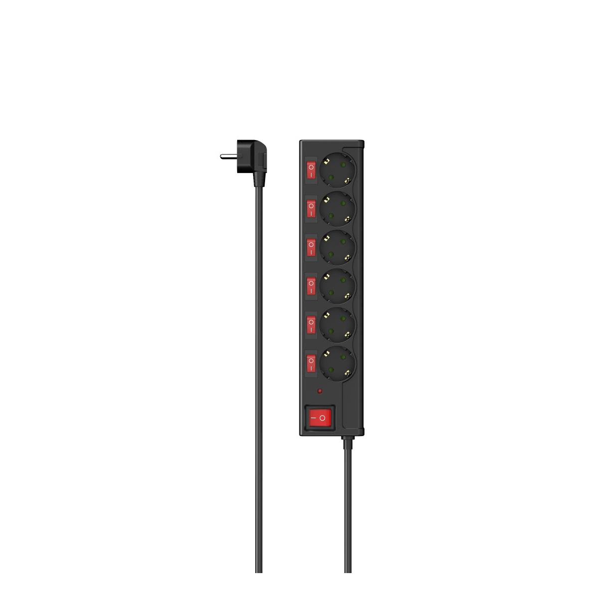 Schwarzer Mehrfachsteckdosenadapter mit sechs Steckdosen und Schaltern.