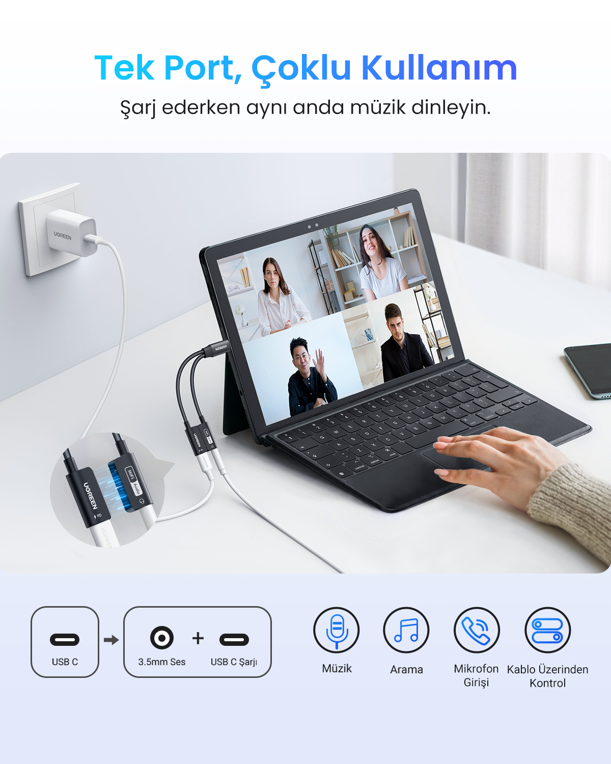 Bir USB-C adaptörü, şarj olurken tableti görüntülü görüşmeye bağlar.