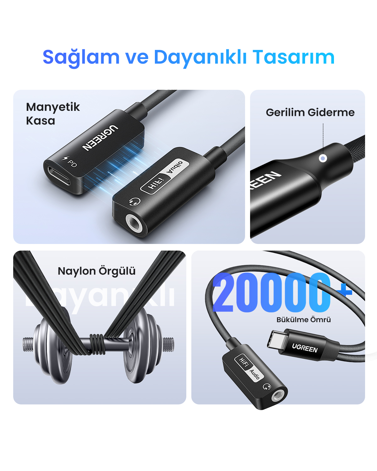 UGREEN kablo adaptörü: manyetik kasa, gerilim giderme, naylon örgü, 20.000 bükülme ömrü.