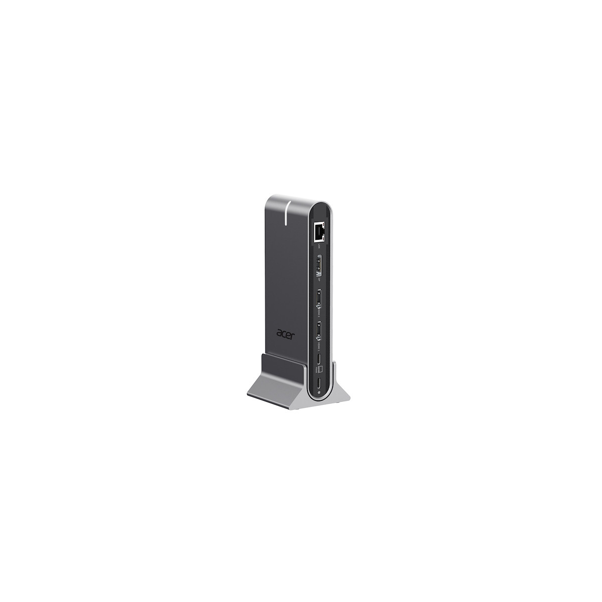 Un dispositivo de estación de acoplamiento Acer gris con puertos y un conector Ethernet.