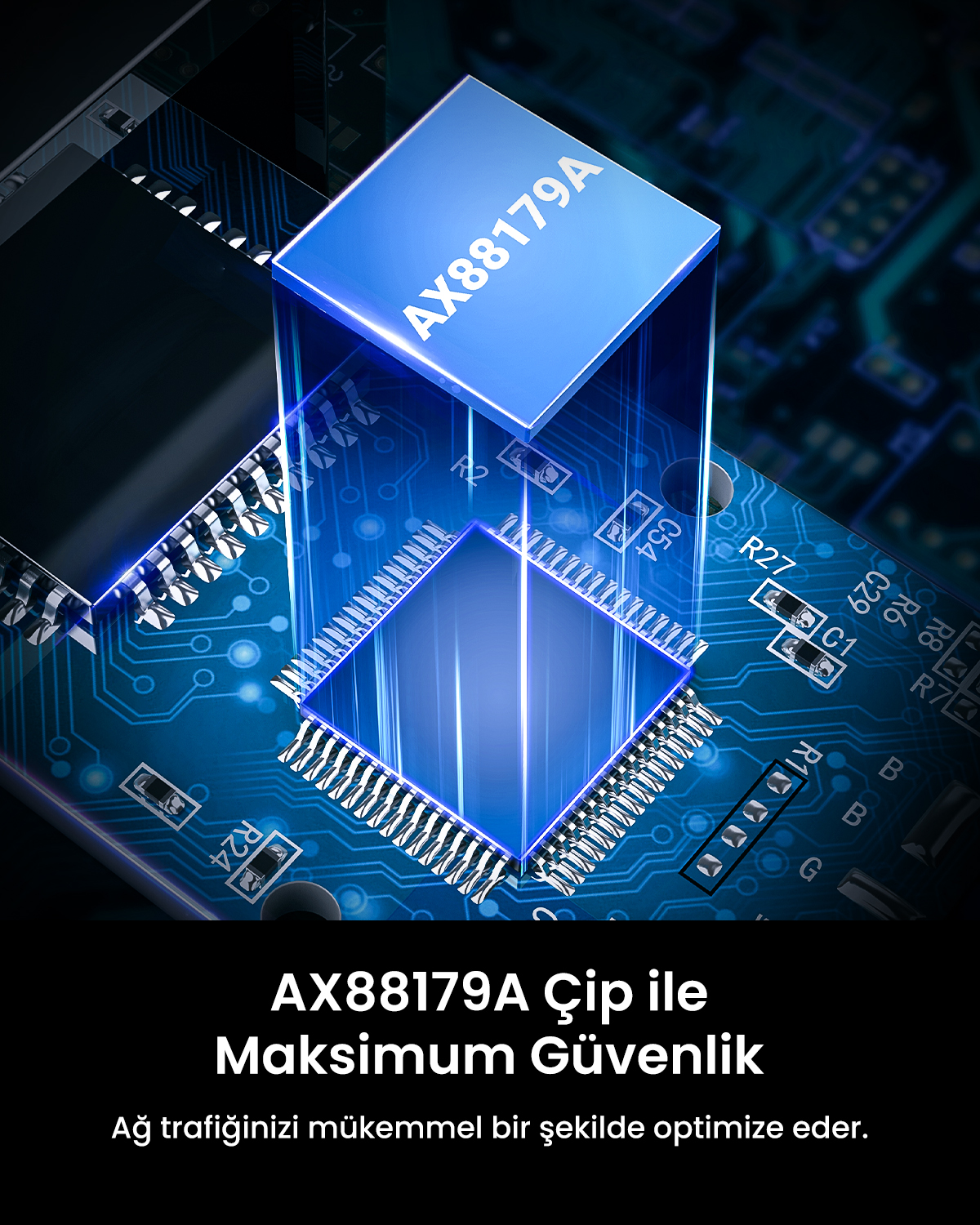 AX88179A etiketli mavi çip, devre kartı üzerinde parlak çizgilerle duruyor.