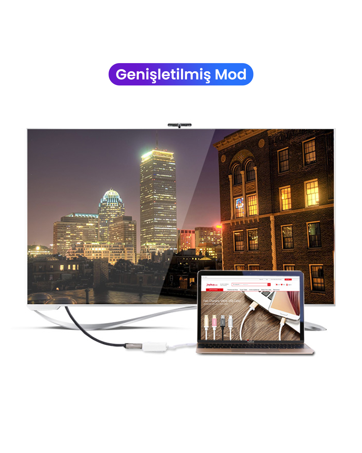 Ein Laptop spiegelt eine Stadtsilhouette, verbunden mit einem großen Bildschirm.