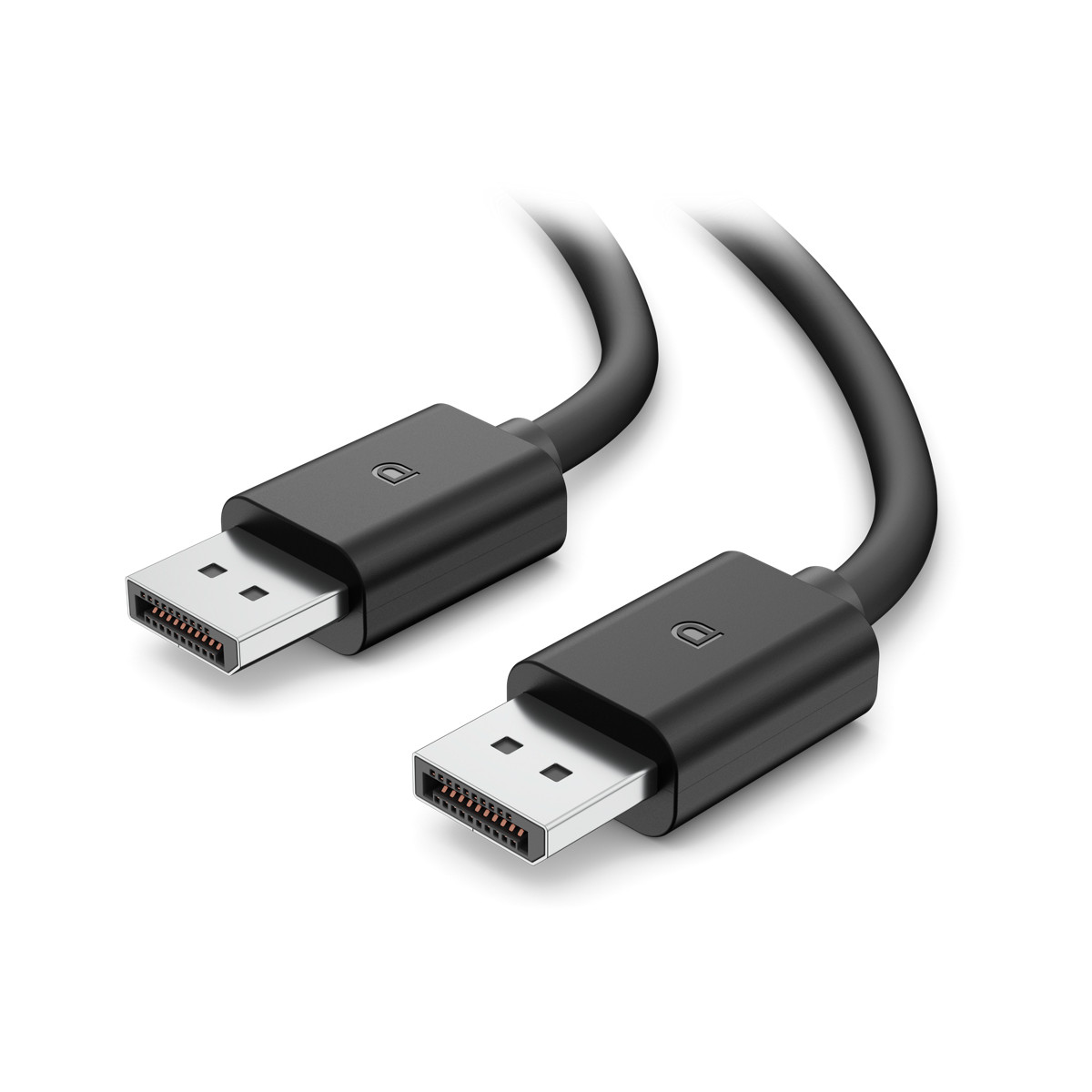 Zwei schwarze DisplayPort-Kabel mit silbernen Anschlüssen auf weißem Hintergrund.