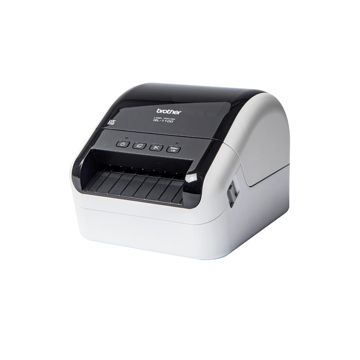 A white and black Brother label printer with control buttons on top.