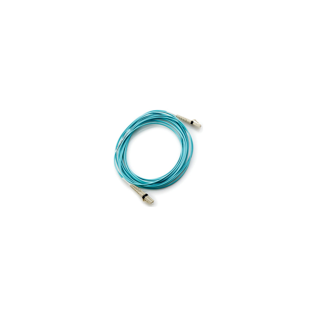 Un cavo in fibra ottica turchese con connettori, su sfondo bianco.