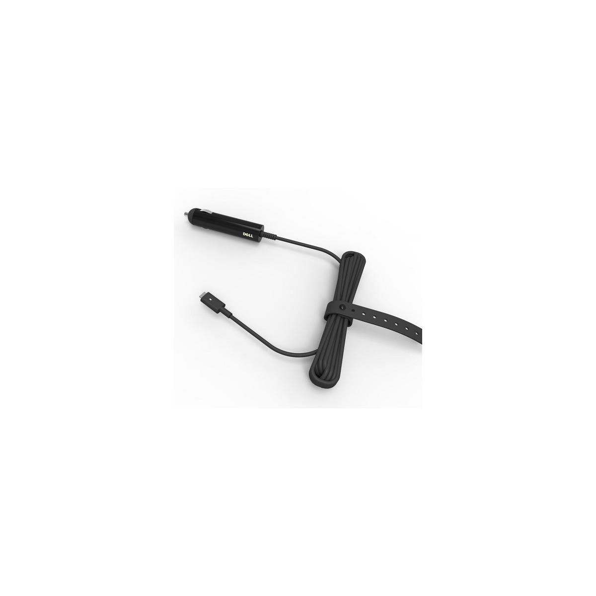 Schwarzes Dell Auto-Ladegerät mit USB-C-Kabel und Klettverschluss auf weißem Hintergrund.