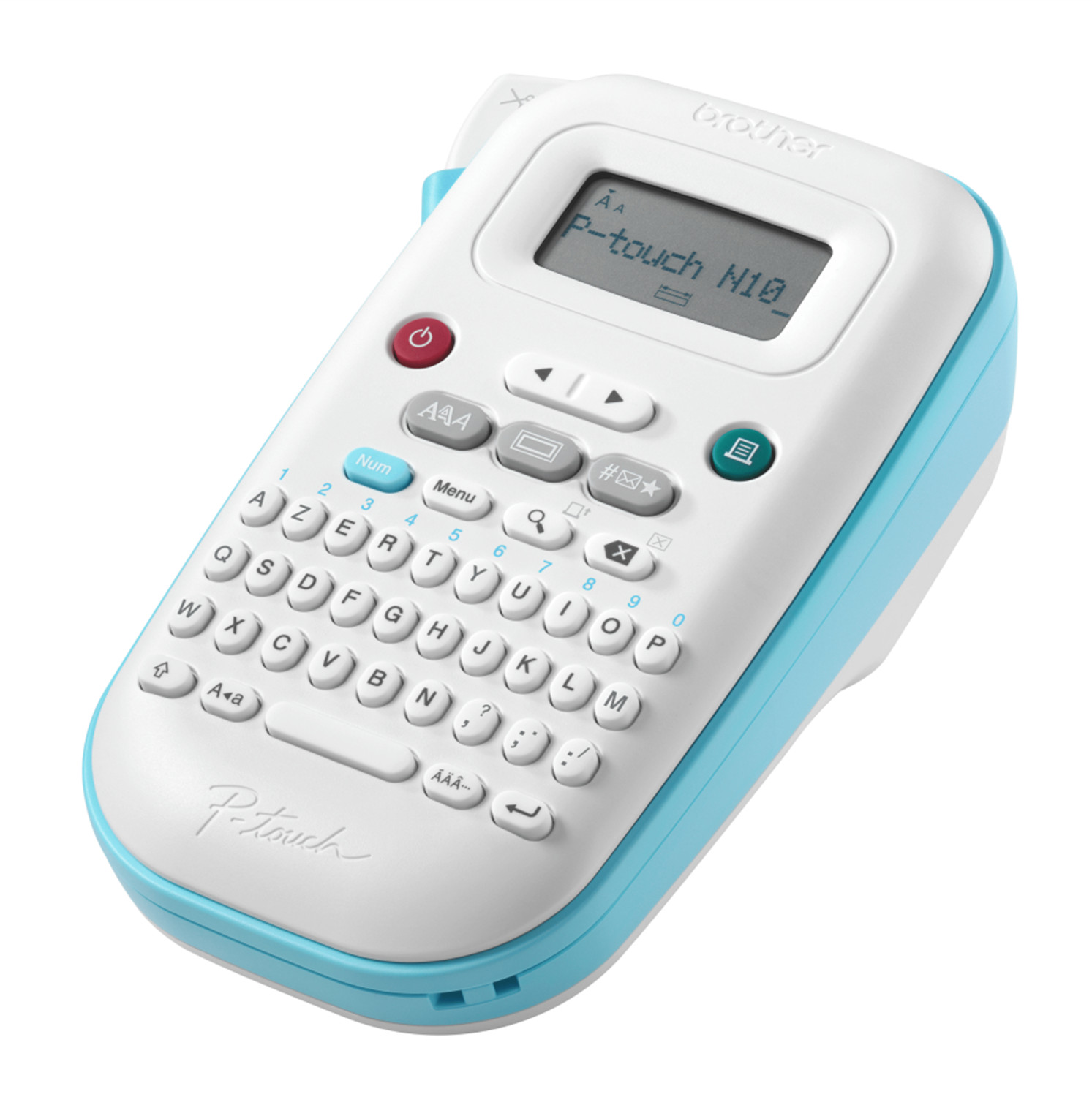 Ein weißer und hellblauer Brother P-Touch Etikettendrucker mit Tastatur und Display.