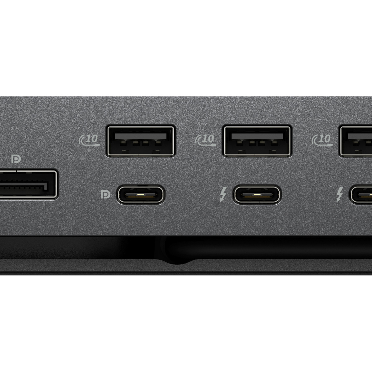 Nahaufnahme eines grauen Geräts mit USB-A- und USB-C-Anschlüssen. Einige Anschlüsse haben Symbole mit '10' oder Blitz.