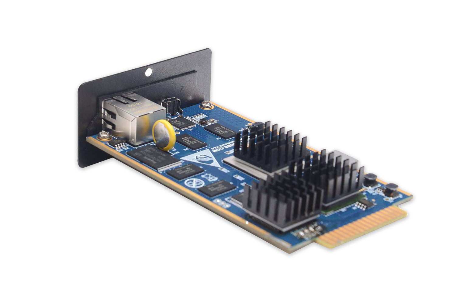 Eine blaue Platine mit zwei schwarzen Kühlkörpern, Chips und einem Netzwerkanschluss.