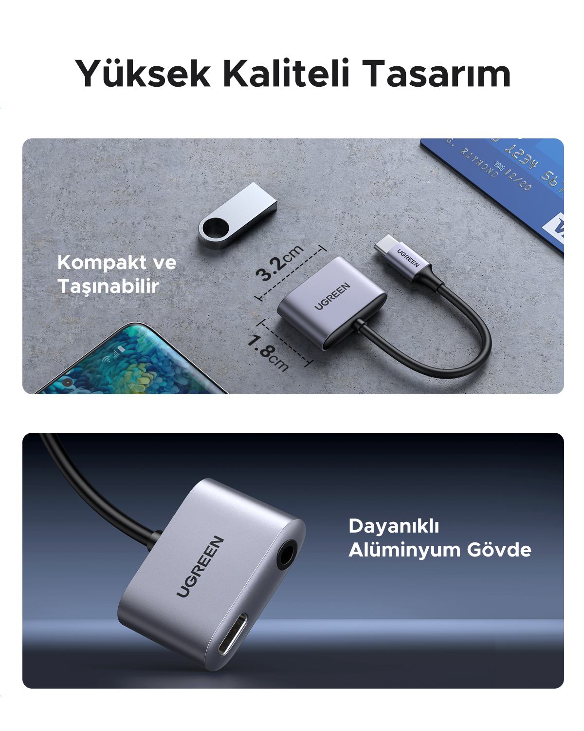Kompaktowy adapter USB-C z aluminiową obudową i gniazdem słuchawkowym.