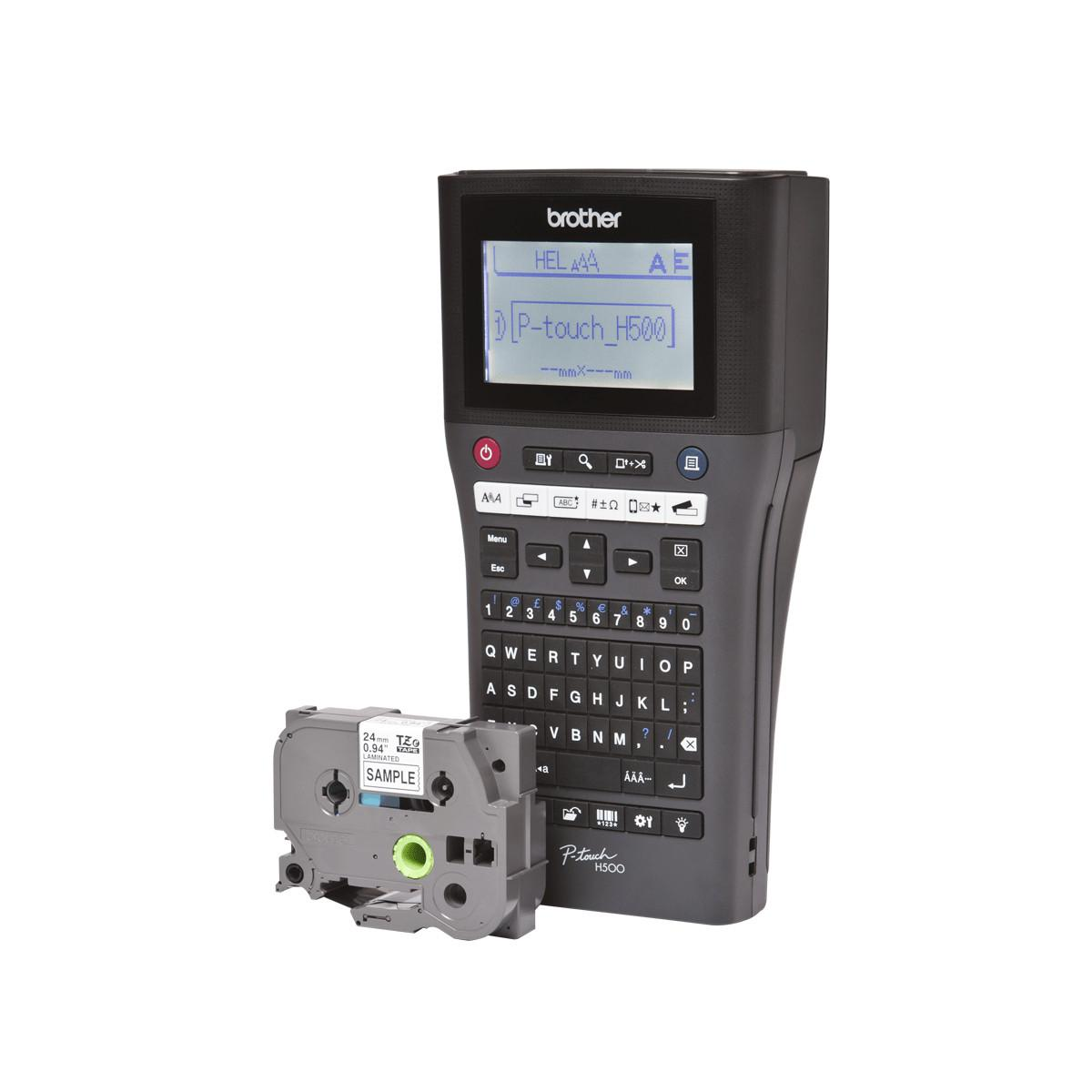 Etichettatrice Brother P-touch H500 con tastiera QWERTY e cartuccia nastro.