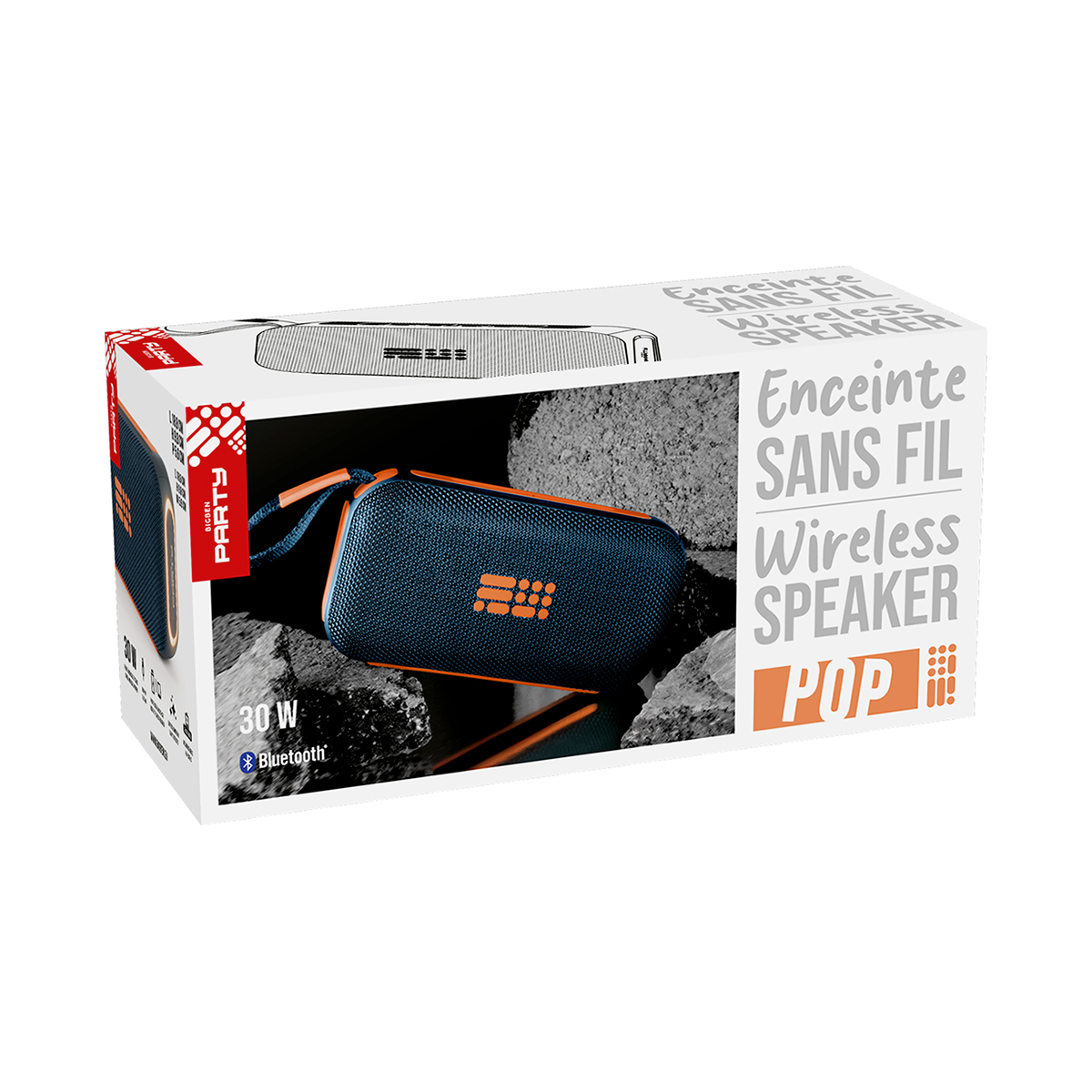 Verpackung eines blauen Bluetooth-Lautsprechers mit orangefarbenen Akzenten und Text.