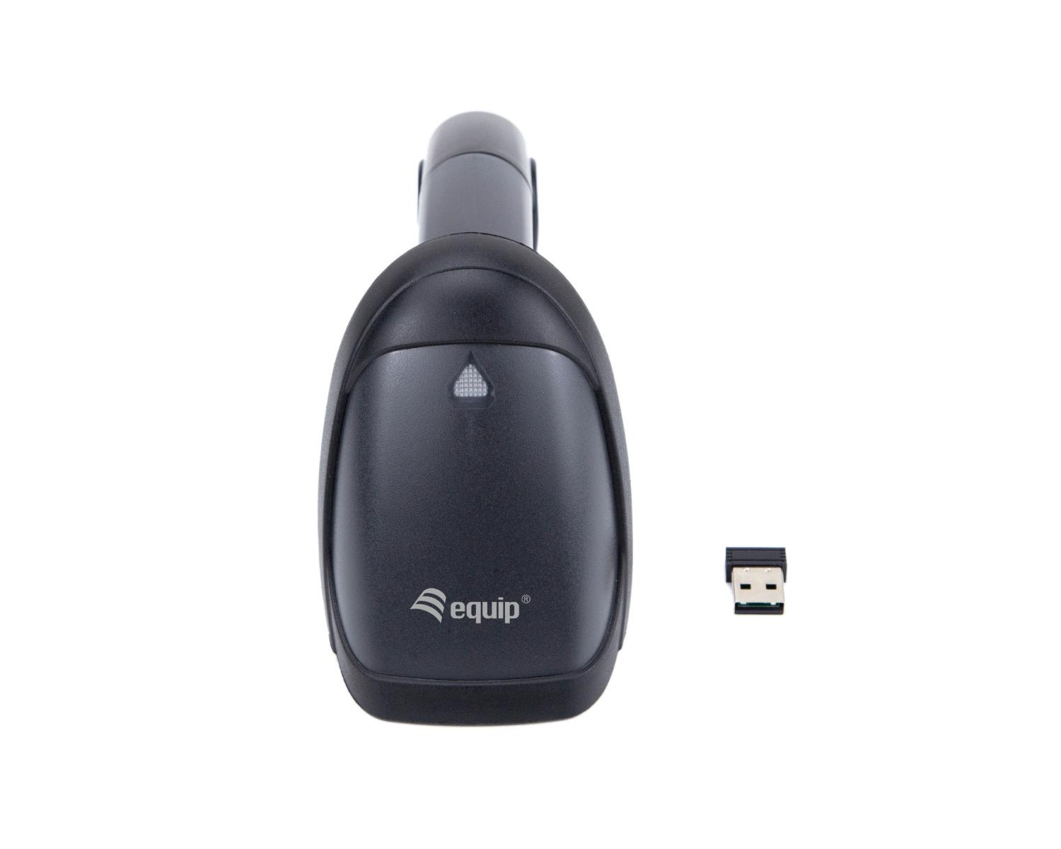 Uno scanner di codici a barre nero con un ricevitore USB su sfondo bianco.