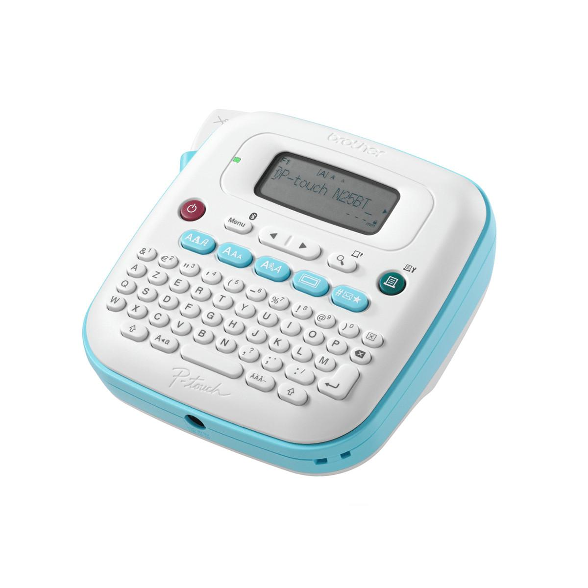 Ein weißer und hellblauer Etikettendrucker mit QWERTZ-Tastatur und LCD-Bildschirm.