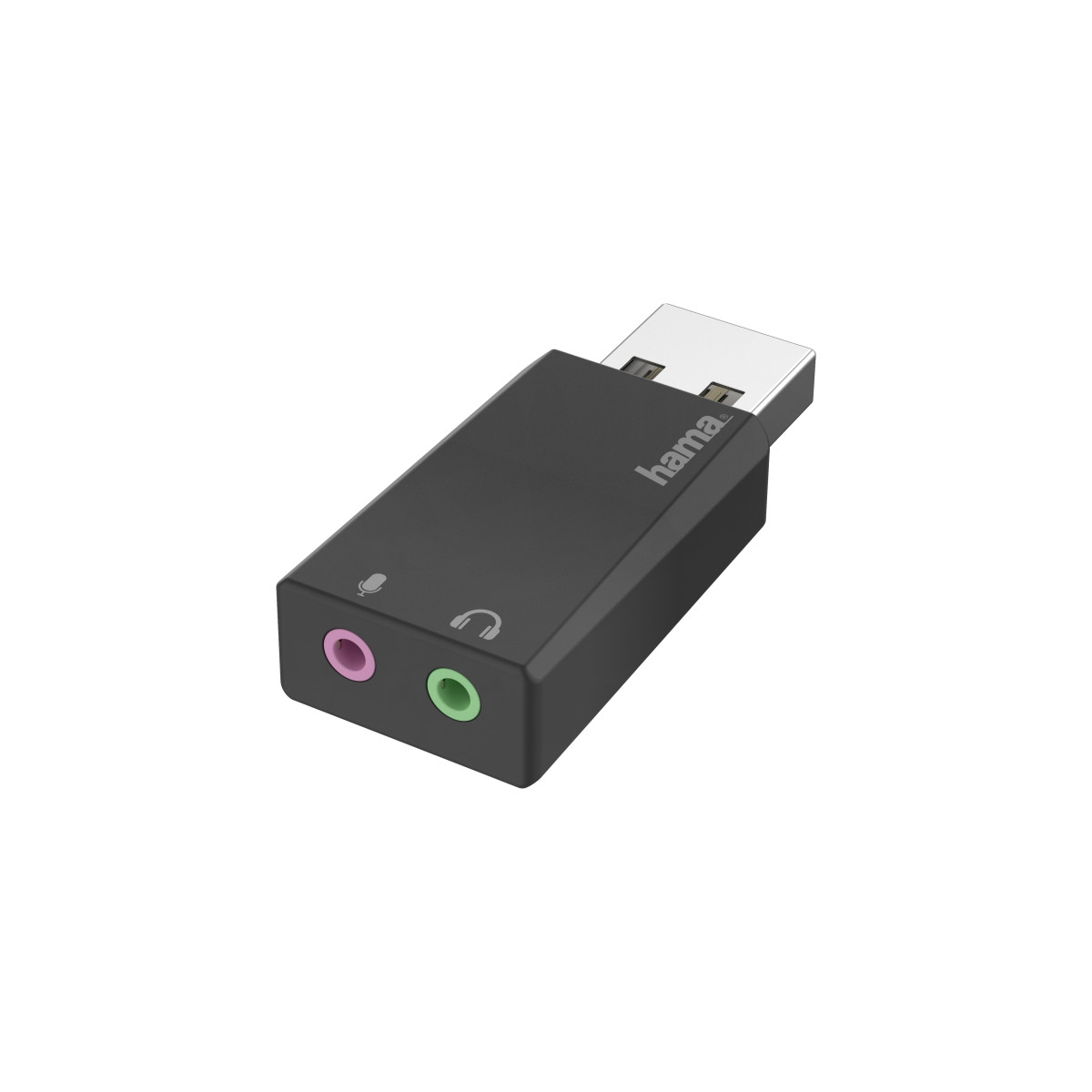 Czarny adapter audio USB z gniazdami mikrofonu i słuchawek.