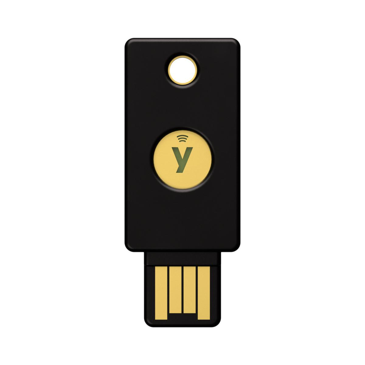 Schwarzer USB-Schlüssel mit gelbem Kreis und "y"-Symbol. WLAN-Symbol oben.