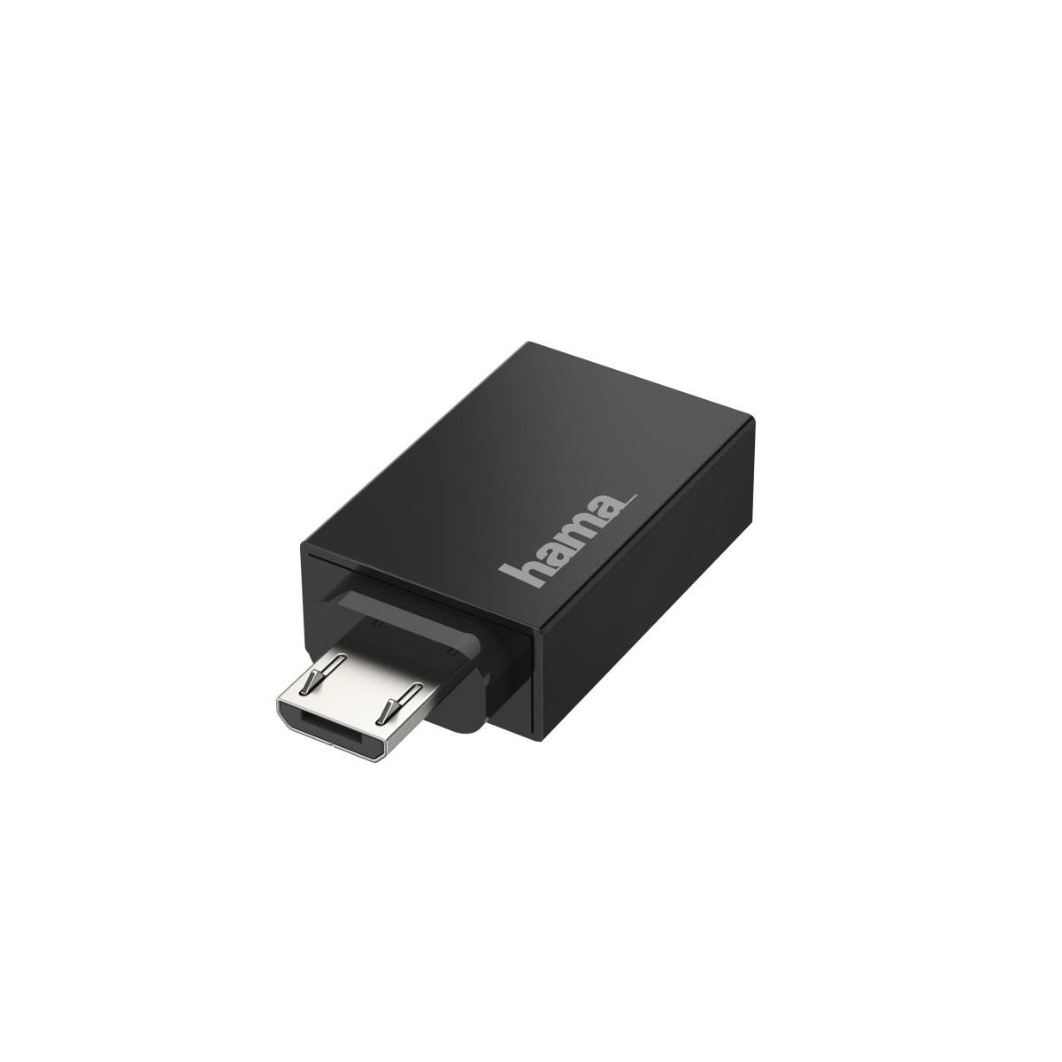 Un adaptador USB Hama negro con un conector extensible sobre fondo blanco.