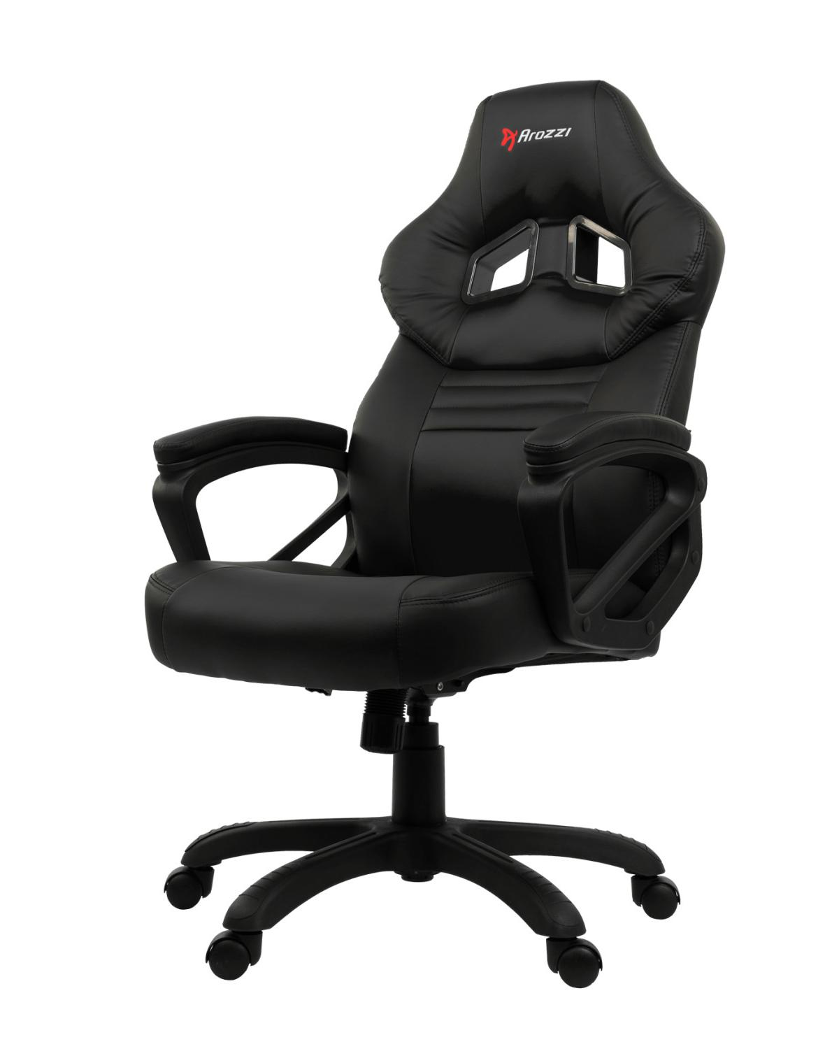Schwarzer Arozzi-Gaming-Stuhl mit Lendenwirbelstütze und verstellbaren Armlehnen auf Weiß.