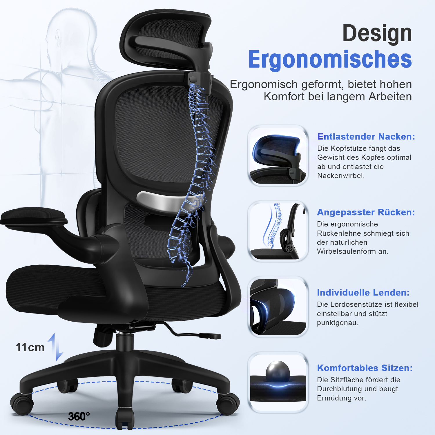 Ergonomischer Bürostuhl mit Nacken-, Rücken- und Lendenwirbelstütze, 11cm Hub, 360° Drehung.