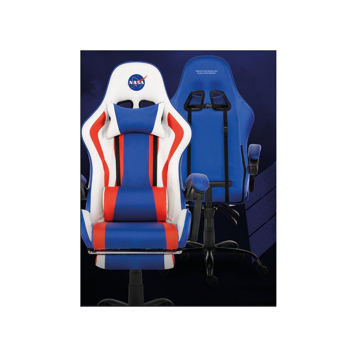 Dos sillas gamer de la NASA en azul, blanco y rojo. Una silla delante, la otra detrás.