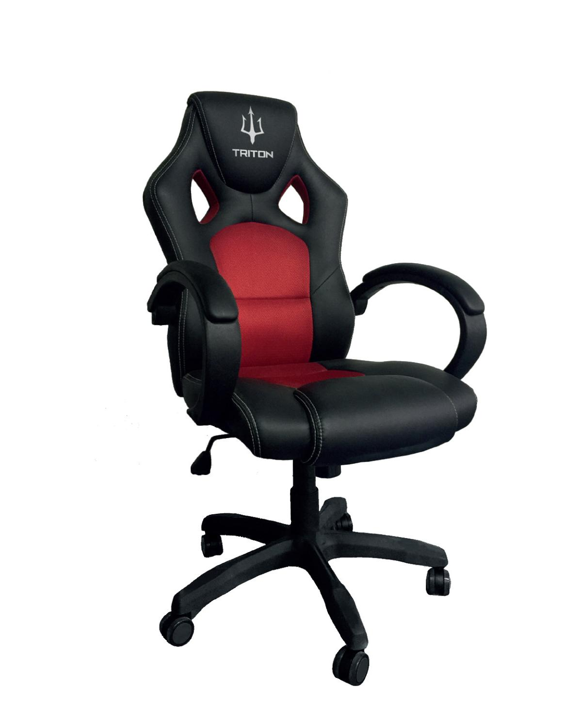 Una sedia da gaming nera e rossa con logo sul poggiatesta.