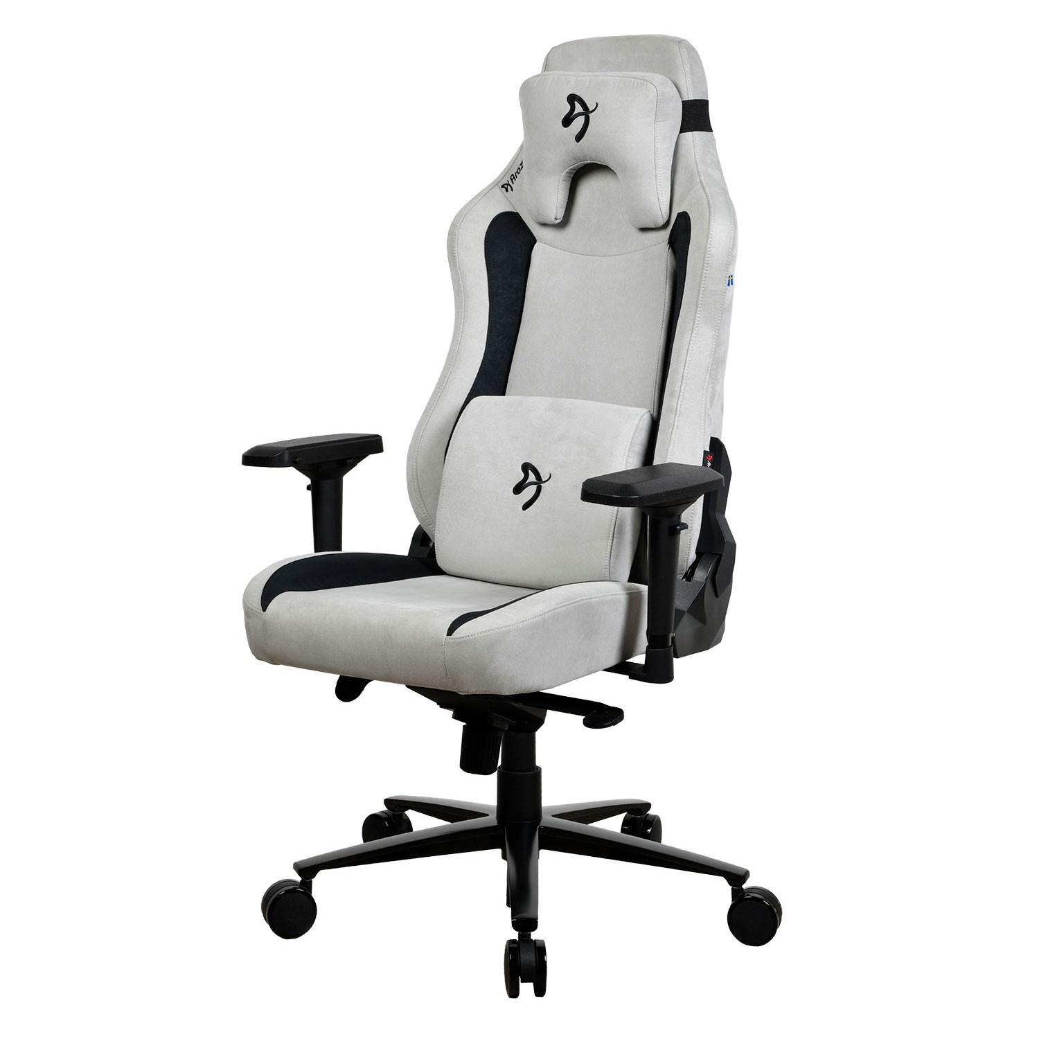 Ein weißer Gaming-Stuhl mit schwarzen Akzenten, verstellbarer Kopfstütze und Lendenkissen.
