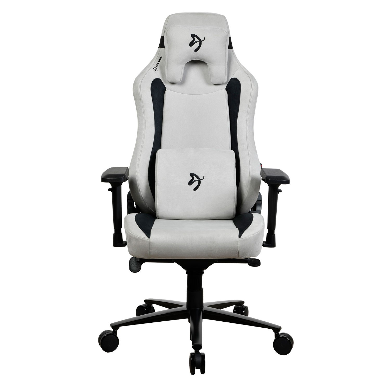 Ein weiß-schwarzer Gaming-Stuhl mit Logo auf Kopfstütze und Lendenkissen.