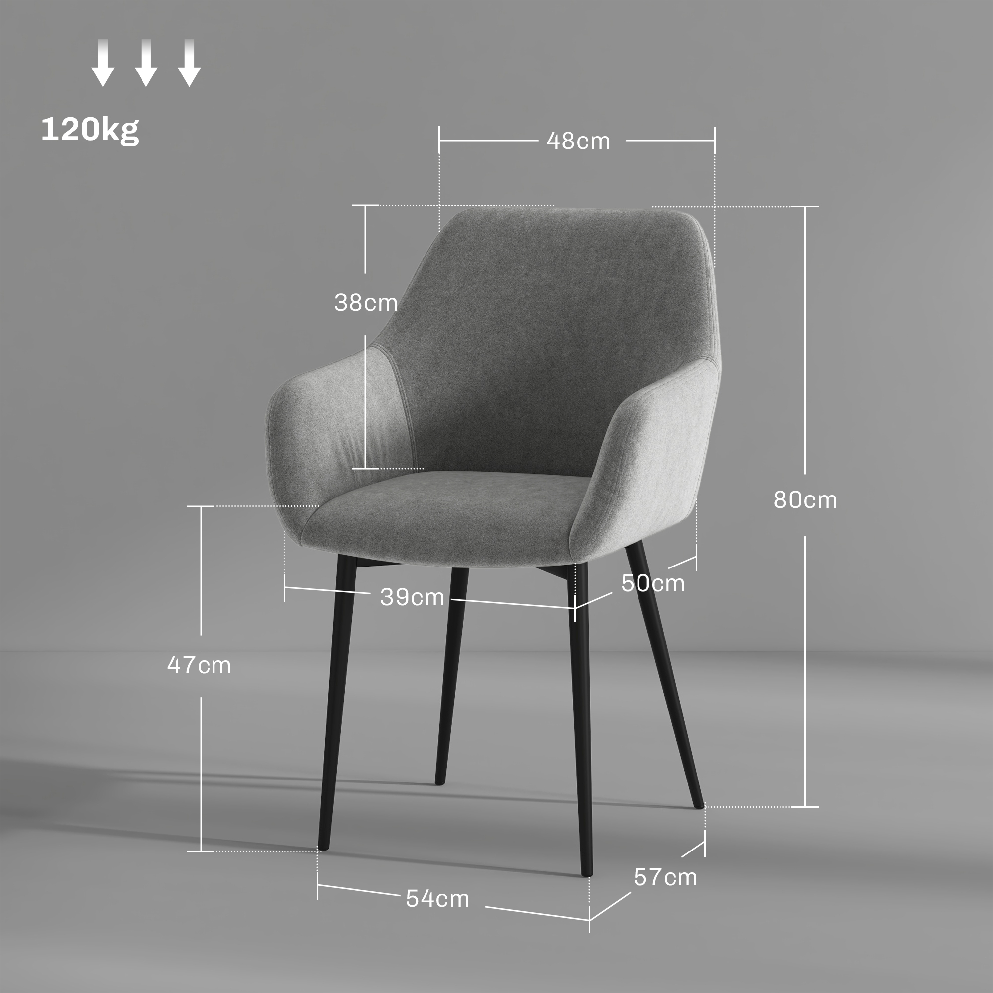 Sedia imbottita grigia con gambe nere, dimensioni indicate.