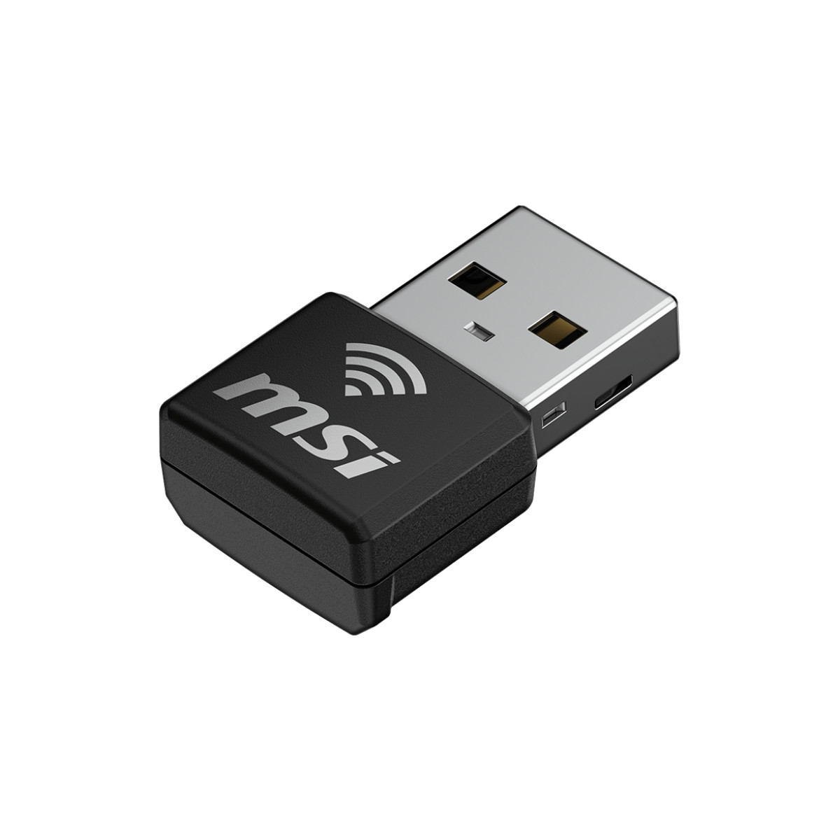 Czarny adapter Wi-Fi USB MSI ze srebrnym złączem USB na białym tle.