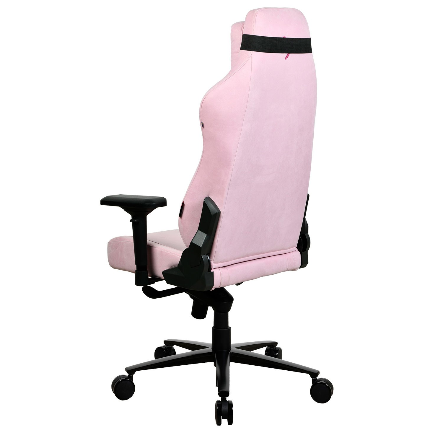 Ein rosa Gaming-Stuhl mit schwarzen Armlehnen und Rädern, von der Seite gesehen.