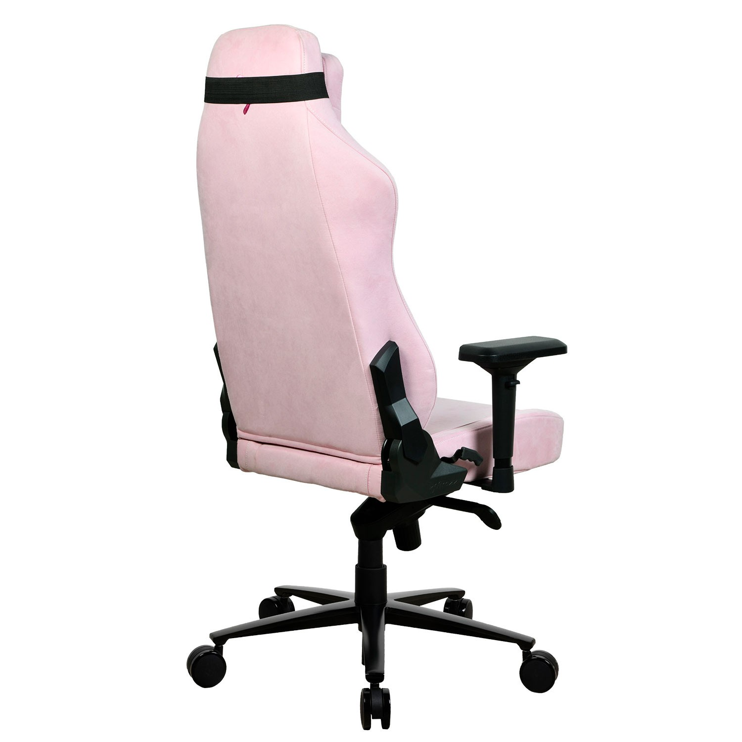 Ein rosa Gaming-Stuhl mit schwarzen Armlehnen und Rädern, von der Seite gesehen.