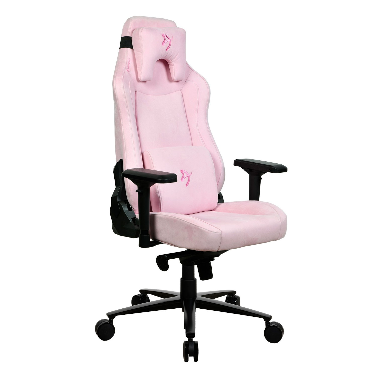 Ein rosafarbener Gaming-Stuhl mit einem Nackenkissen und Lendenkissen.