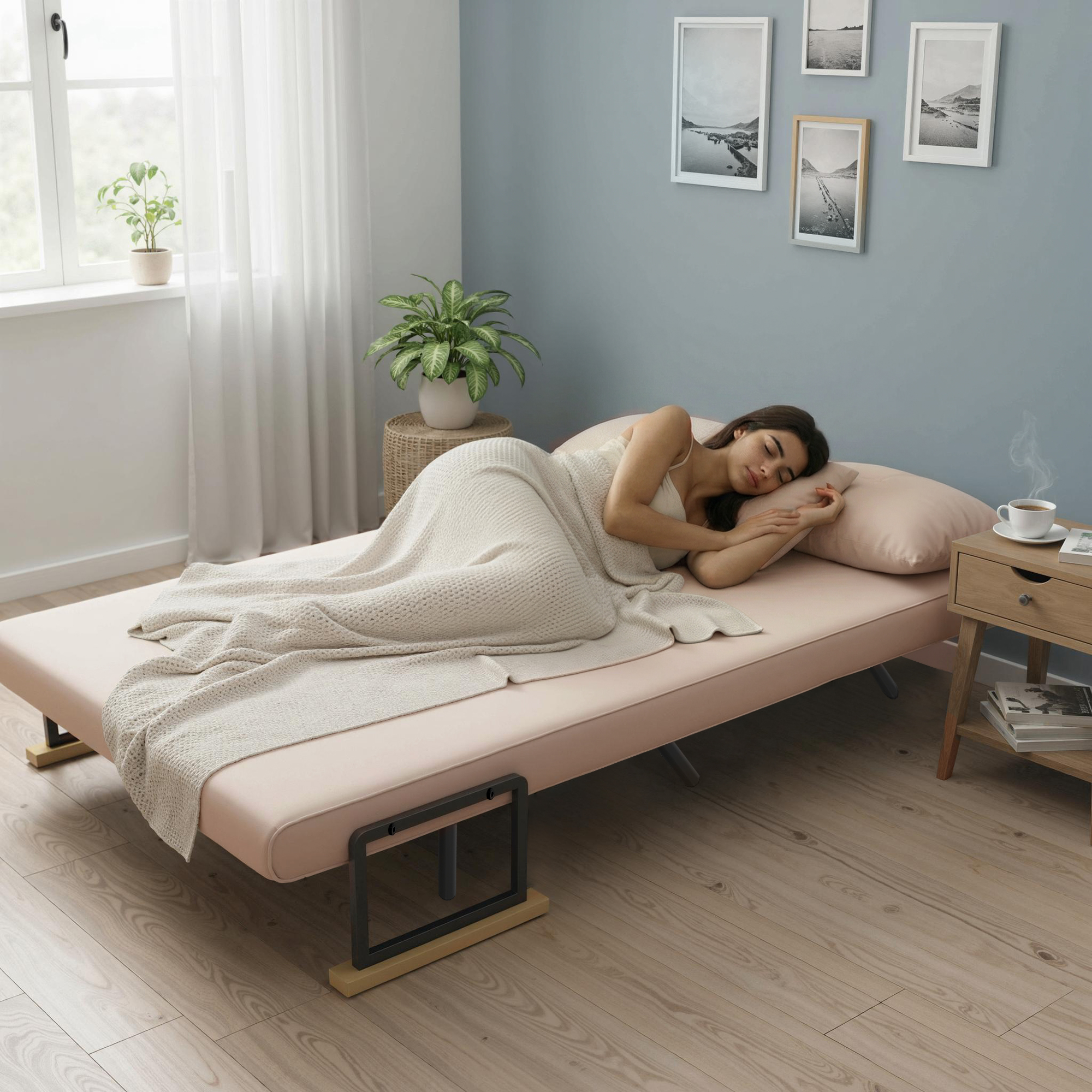 Una mujer duerme en un sofá rosa, cubierta con una manta. A su lado hay una mesita de noche con una taza.