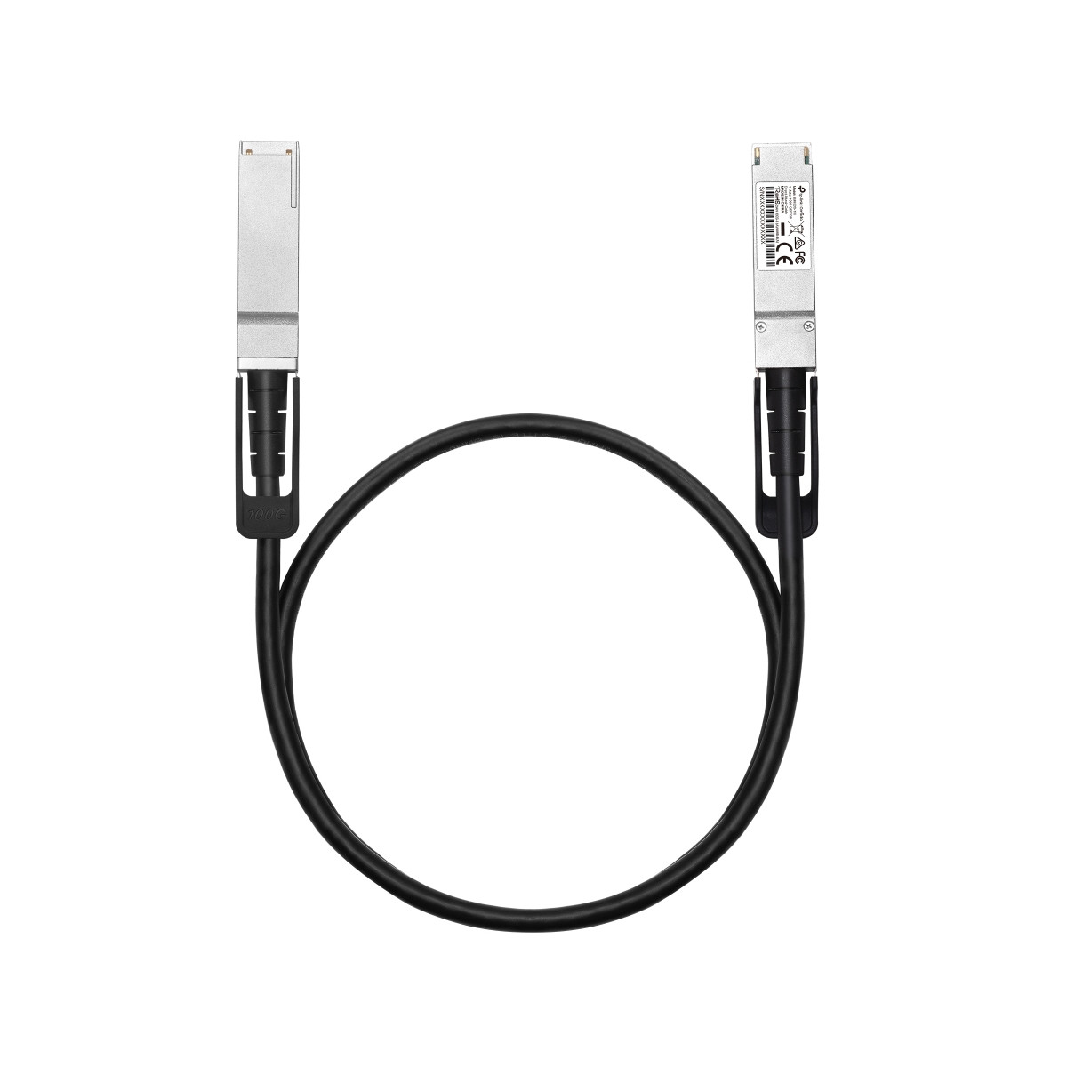 Un transceptor plateado con cable negro formando un bucle. Fondo blanco.