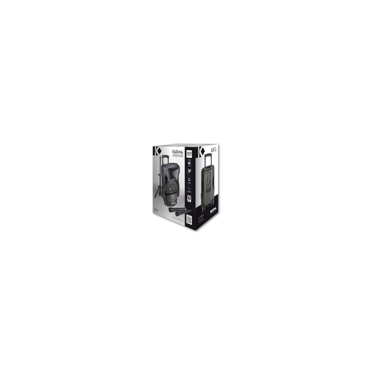 Altoparlante e microfono Karma LX12 in scatola, con supporto.
