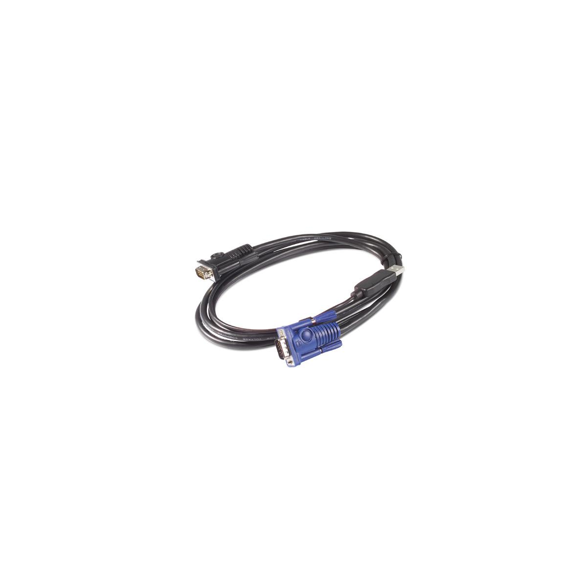 Un cavo nero con connettori VGA e USB su sfondo bianco.