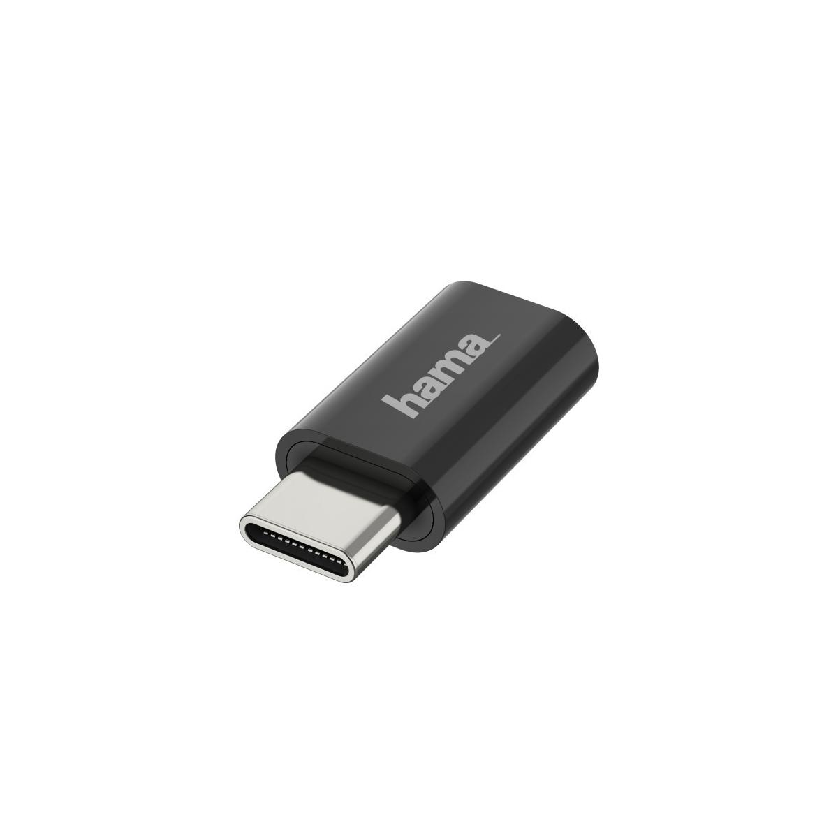 Un adattatore USB-C nero con connettore argentato e logo Hama.