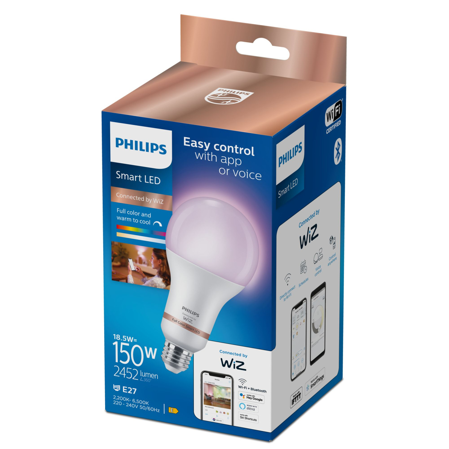 Pudełko inteligentnej żarówki LED Philips. Z Wi-Fi, sterowaniem głosowym i aplikacją.