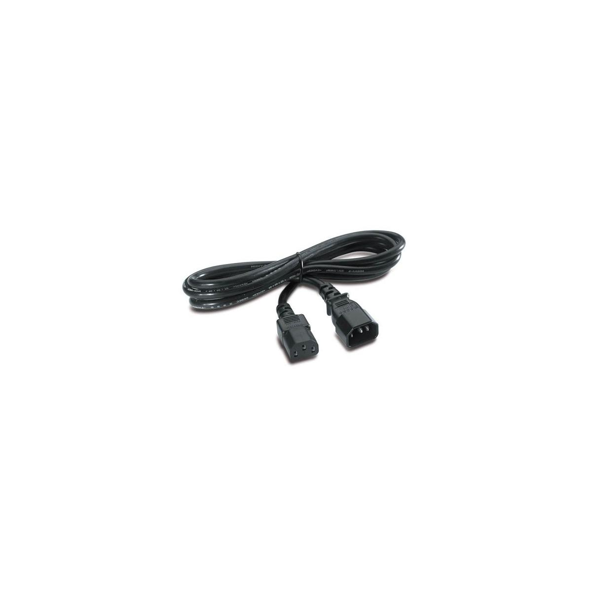 A black power cord with two C13 connectors, isolated on a white background.