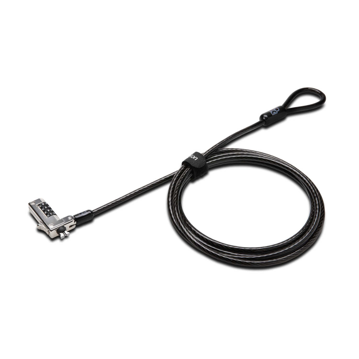 Un cavo di sicurezza in acciaio nero con lucchetto a combinazione a 4 cifre è arrotolato su sfondo bianco.