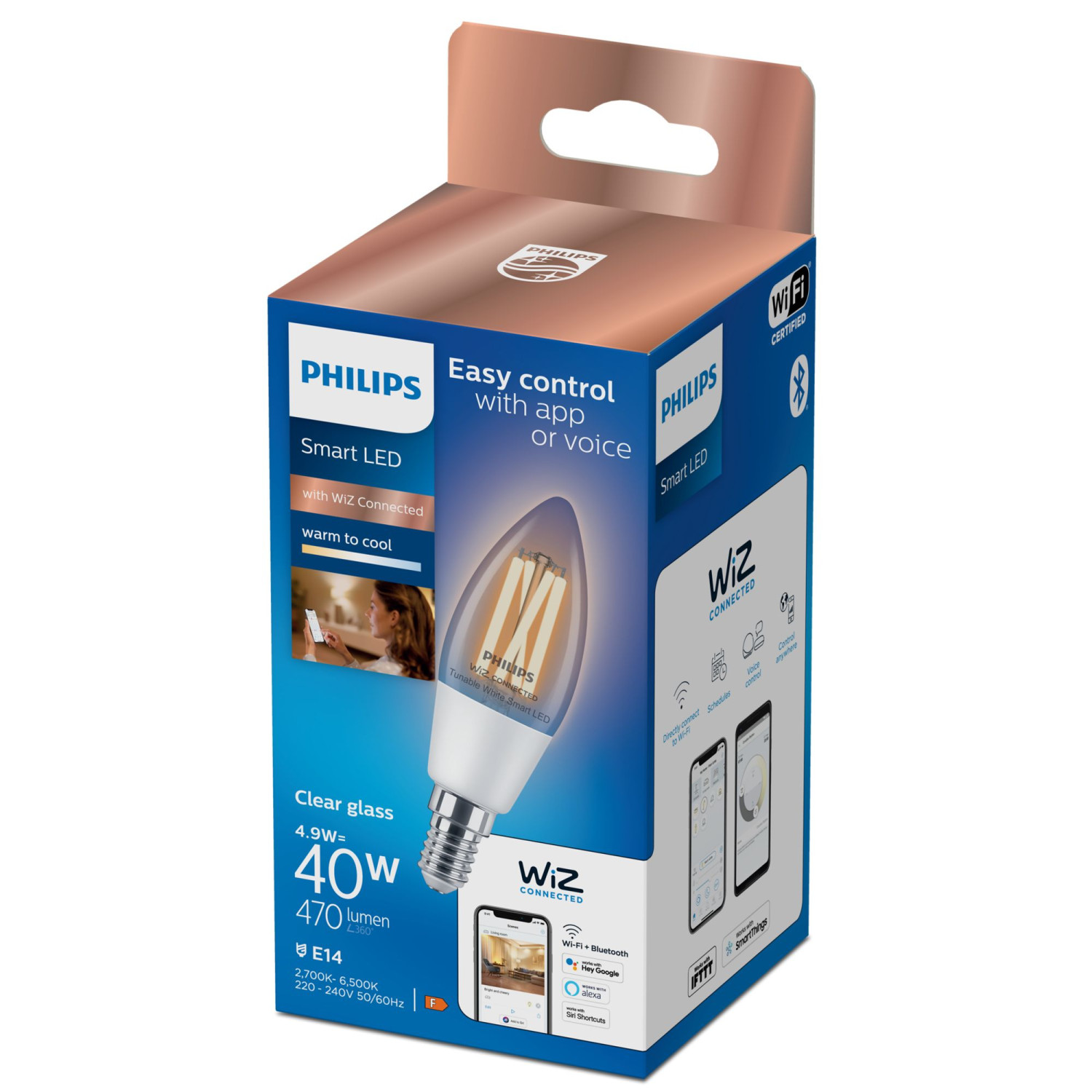 Confezione di lampadina LED smart Philips con WiZ Connected, attacco E14.