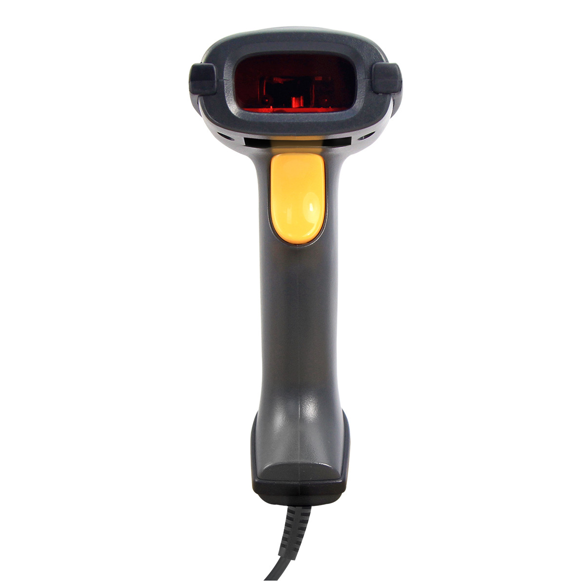 Uno scanner portatile nero con pulsante giallo e luce rossa.