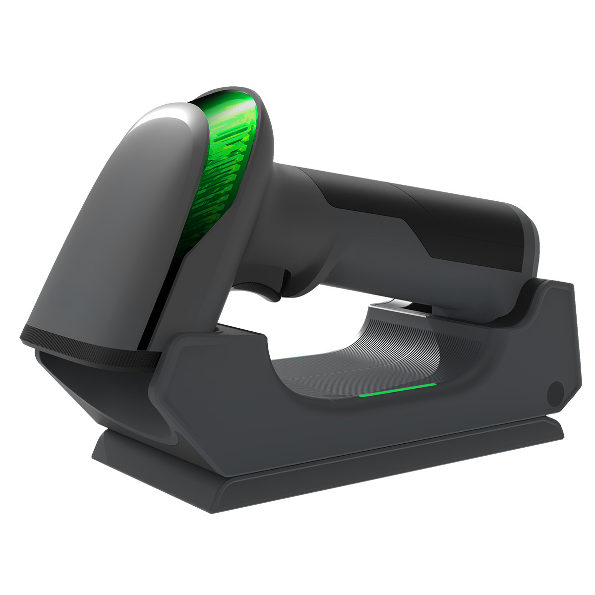 Ein grauer Barcode-Scanner mit grünem Licht auf einer Ladestation.